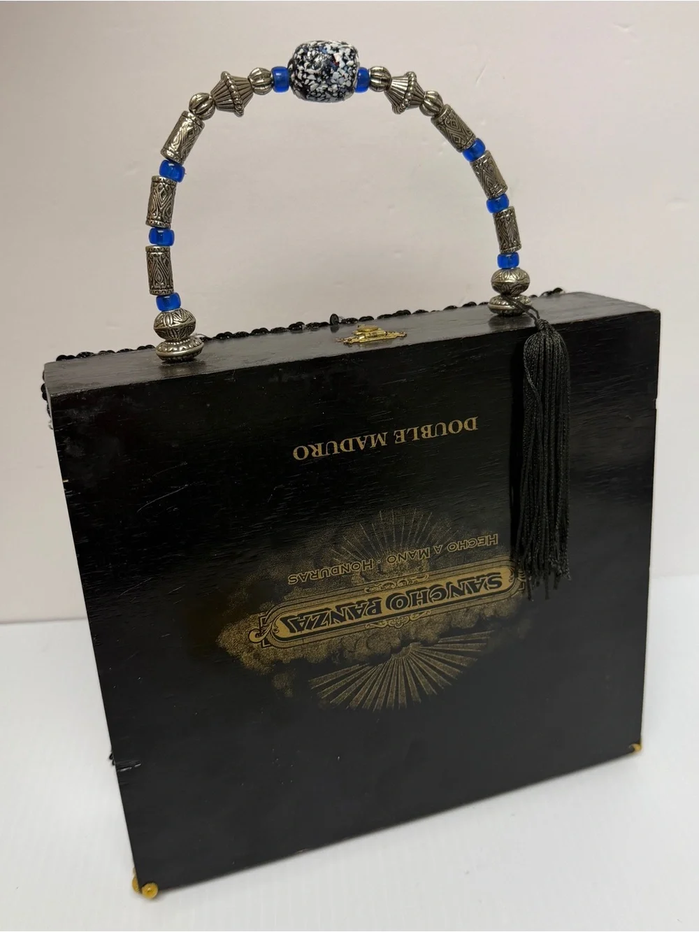 Vintage-Inspired Black cigar box Graphic Beaded Handle Box Bag